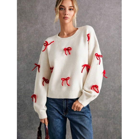 Red Bow Detail Off White Round Neck Oversized Knit Pullover Sweater - Picture 6 of 16